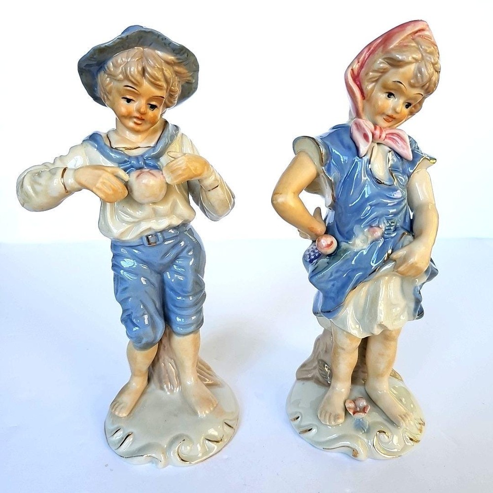 Vintage Porcelain Boy and Girl Figurine Set Blue White Gold Gilt 9 Inch Statues
